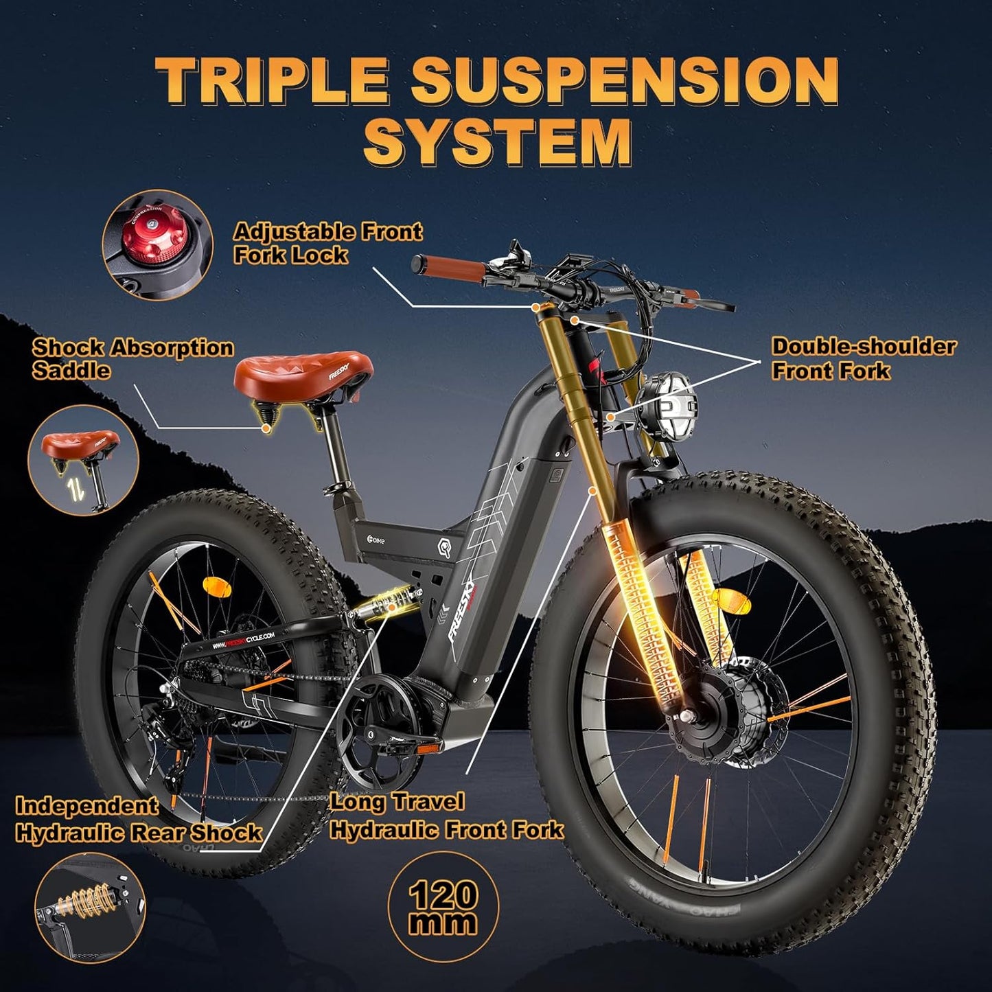 FREESKY Dual Motor Ebike 38+MPH 48V 30AH 2025 Upgraded AWD Peak 4000W Electric Mountain Bike for Adults 26" Fat Tire Long Range Full Suspension Off-Road with Dual Hydraulic Disc Brake Warrior PRO