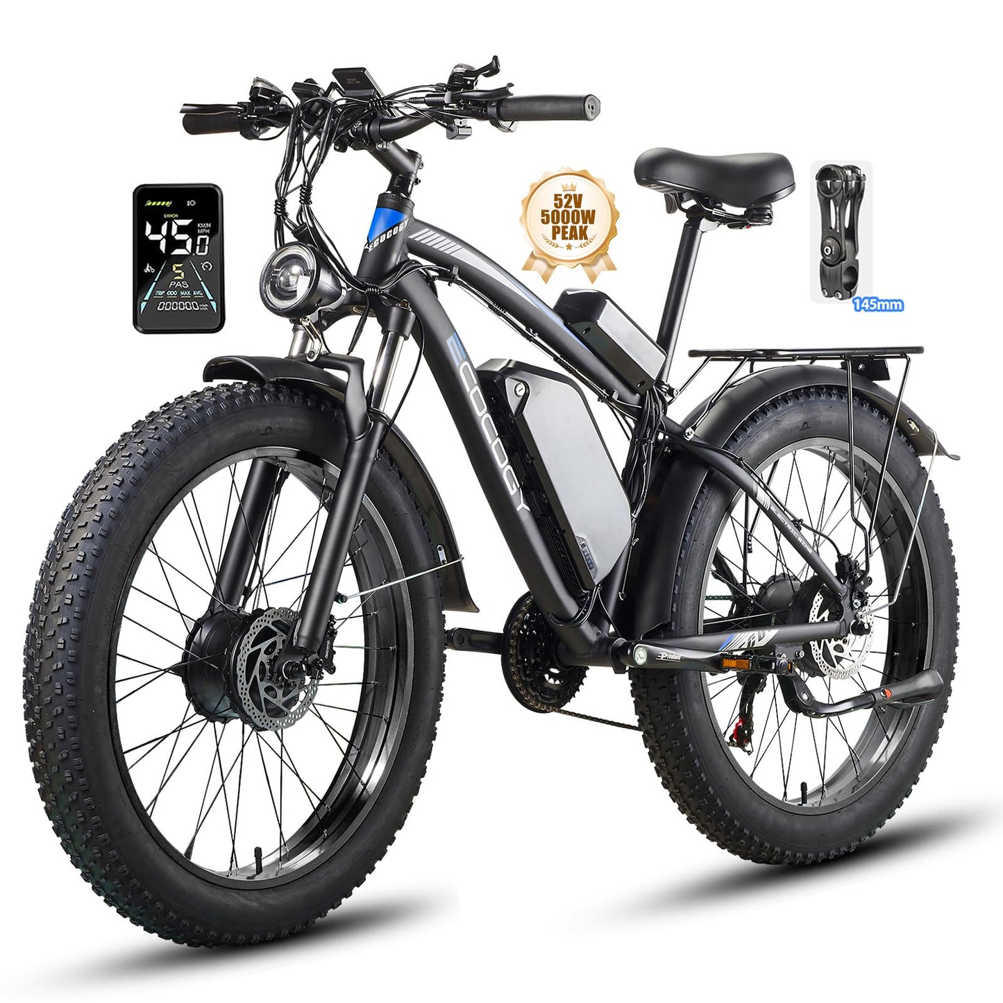 Dual Motor Electric Bikes for Adults, 5000W Peak Ebikes, 52V 32Ah, Max 40-45MPH &100 Miles E-Bike, Hydraulic Disc Brake , 26" Fat Tire Off Road Snow Mountain E-bikes, 7-Speed Pedal Assist Bicycle