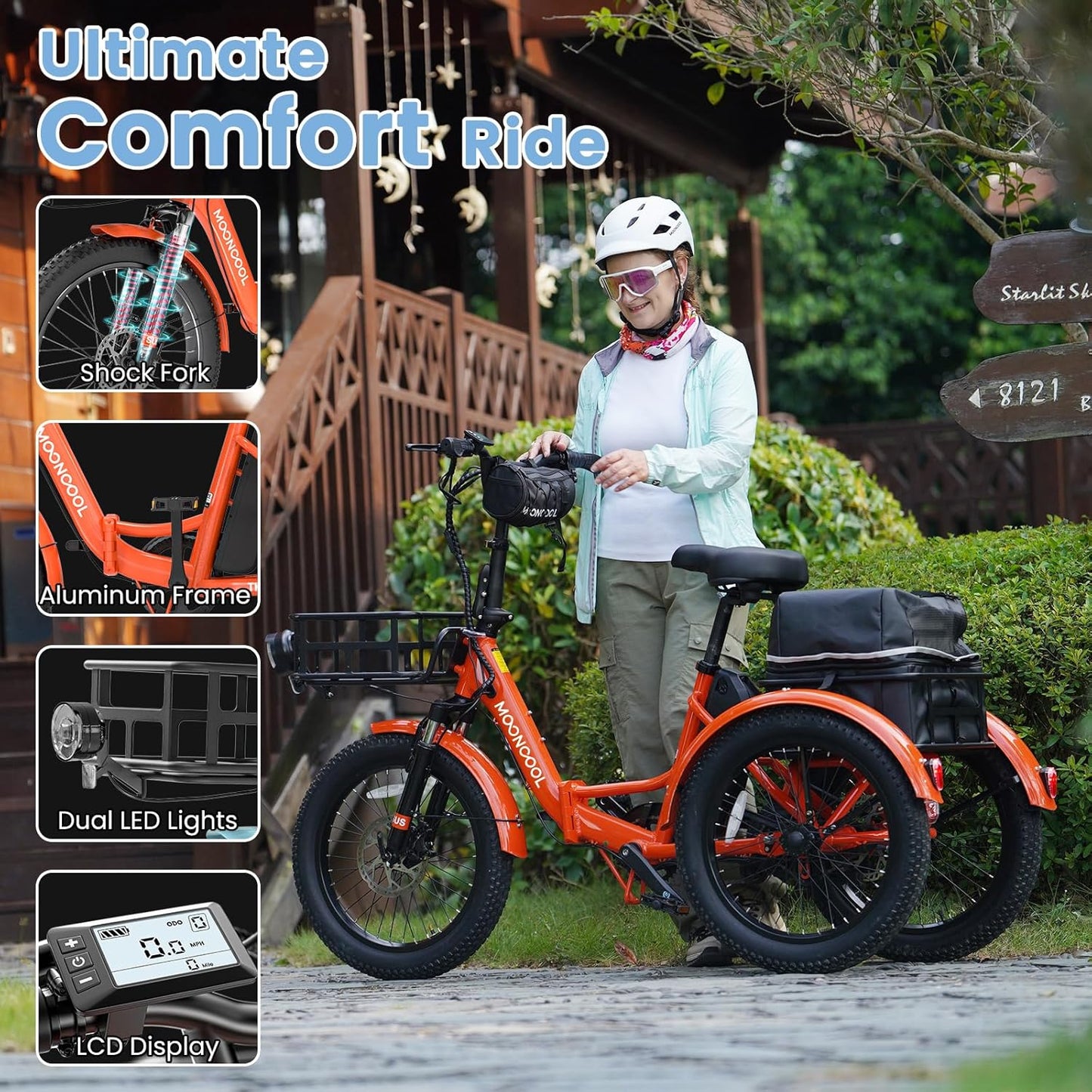 MOONCOOL Electric Tricycle for Adults, 500W/750W 48V 20" Folding Electric Trike Peak Power 1100W, 3 Wheels Electric Bicycle, Aluminum Frame Electric Tricycle with Large Basket and Removable Battery