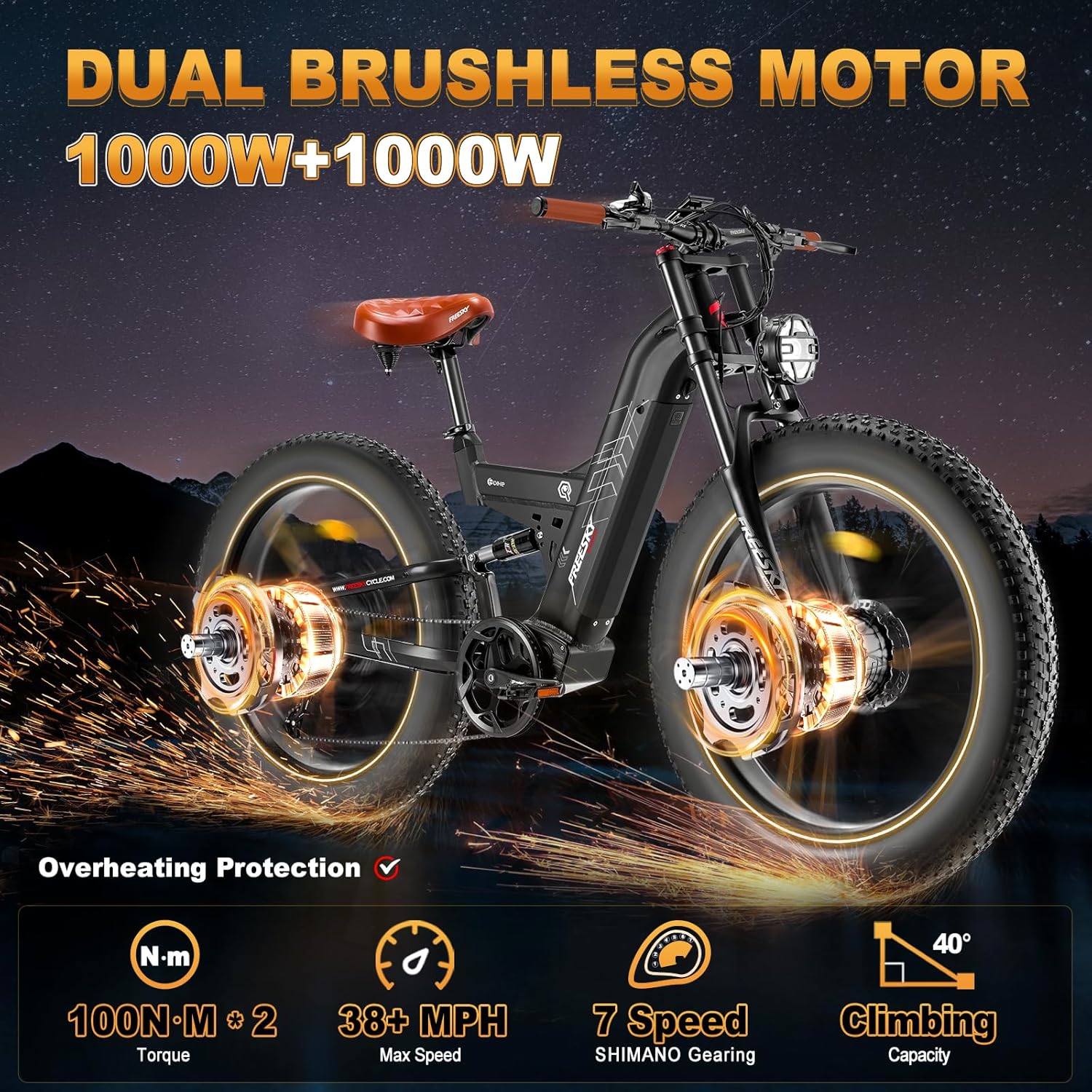 FREESKY Dual Motor Ebike 38+MPH 48V 30AH 2025 Upgraded AWD Peak 4000W Electric Mountain Bike for Adults 26" Fat Tire Long Range Full Suspension Off-Road with Dual Hydraulic Disc Brake Warrior PRO
