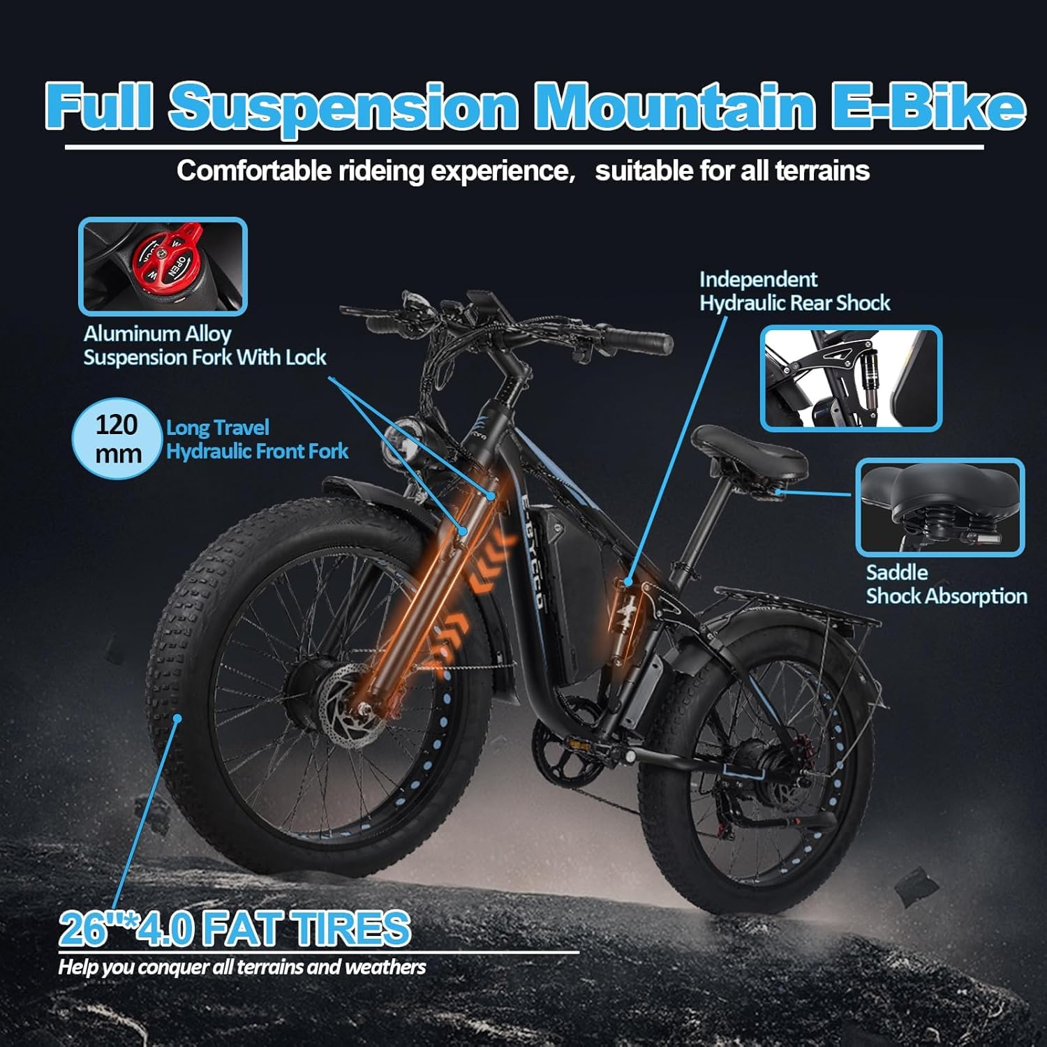 E·Bycco 26in Peak 5000W E-Bike, 52V 32AH Dual Motor Electric Bike 40-45MPH Fast 4000W Ebike with 26"*4.0 Fat Tire Hydraulic Disc Brake Full Suspension Mountain Ebikes