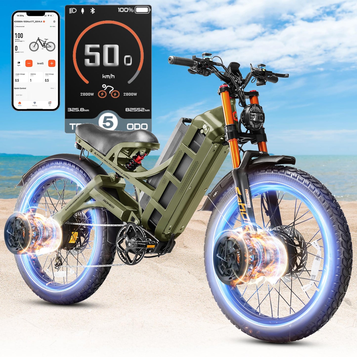 2025 Eahora Romeo Pro 2/Pro 3 46-50Mph Electric Bike for Adults, Peak 5600W/4000W Dual Motor Ebike, 60V 80Ah/52V 70Ah 235 Mile Long Range E Bike, 26*4.0" Fat Tire, Full Suspension, All Terrain, UL2849