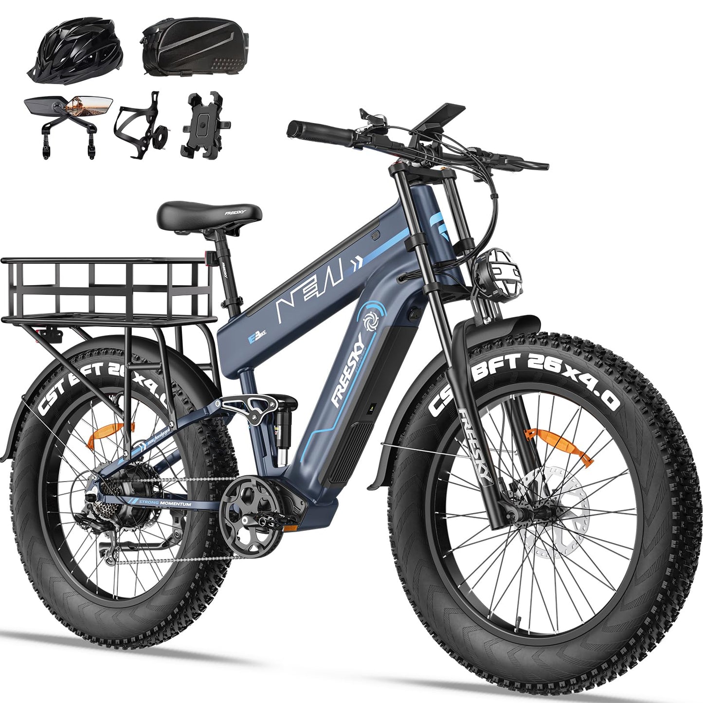 FREESKY 2025 Upgraded Dual Battery 48V 41AH Peak 2500W Motor 90-160 Miles Long Range Electric Bike for Adults 38MPH+ 26" Fat Tire Full Suspension EBike with Dual Hydraulic Brakes