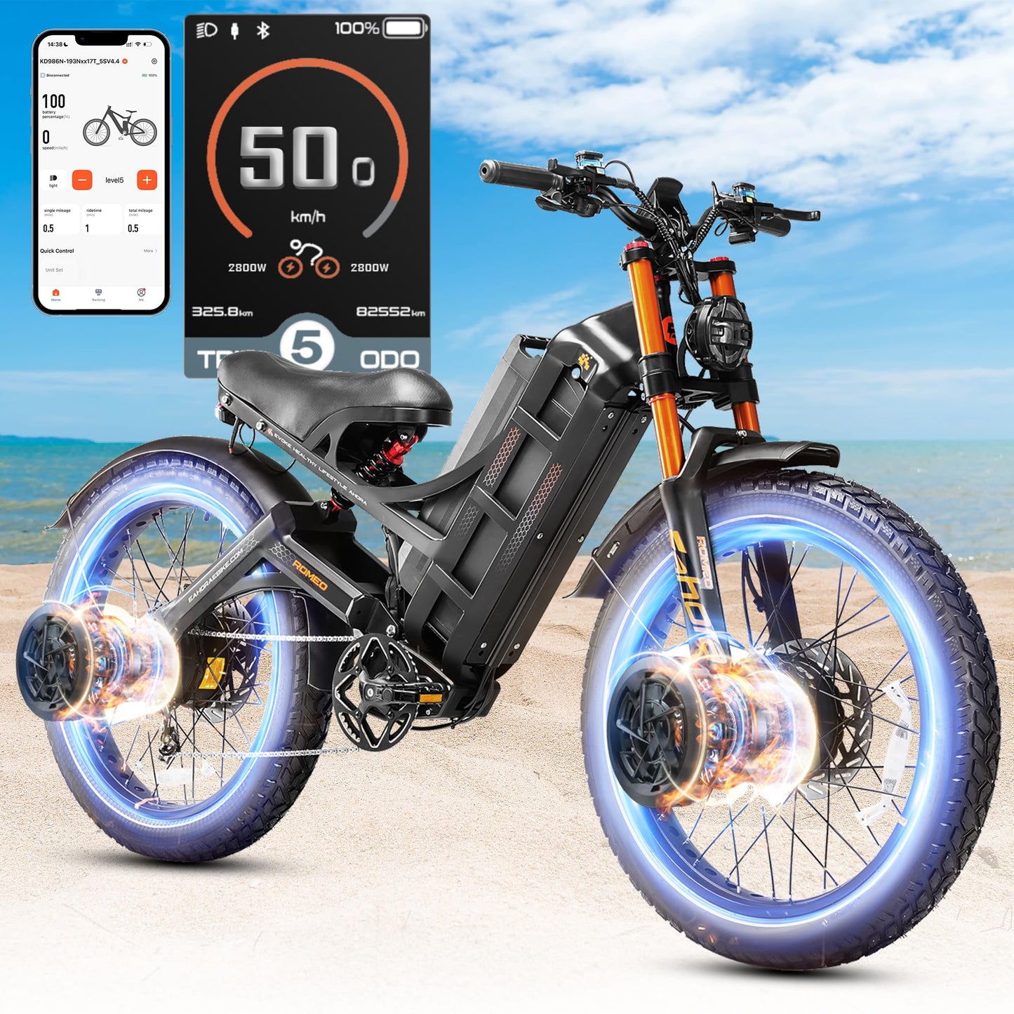 2025 Eahora Romeo Pro 2/Pro 3 46-50Mph Electric Bike for Adults, Peak 5600W/4000W Dual Motor Ebike, 60V 80Ah/52V 70Ah 235 Mile Long Range E Bike, 26*4.0" Fat Tire, Full Suspension, All Terrain, UL2849
