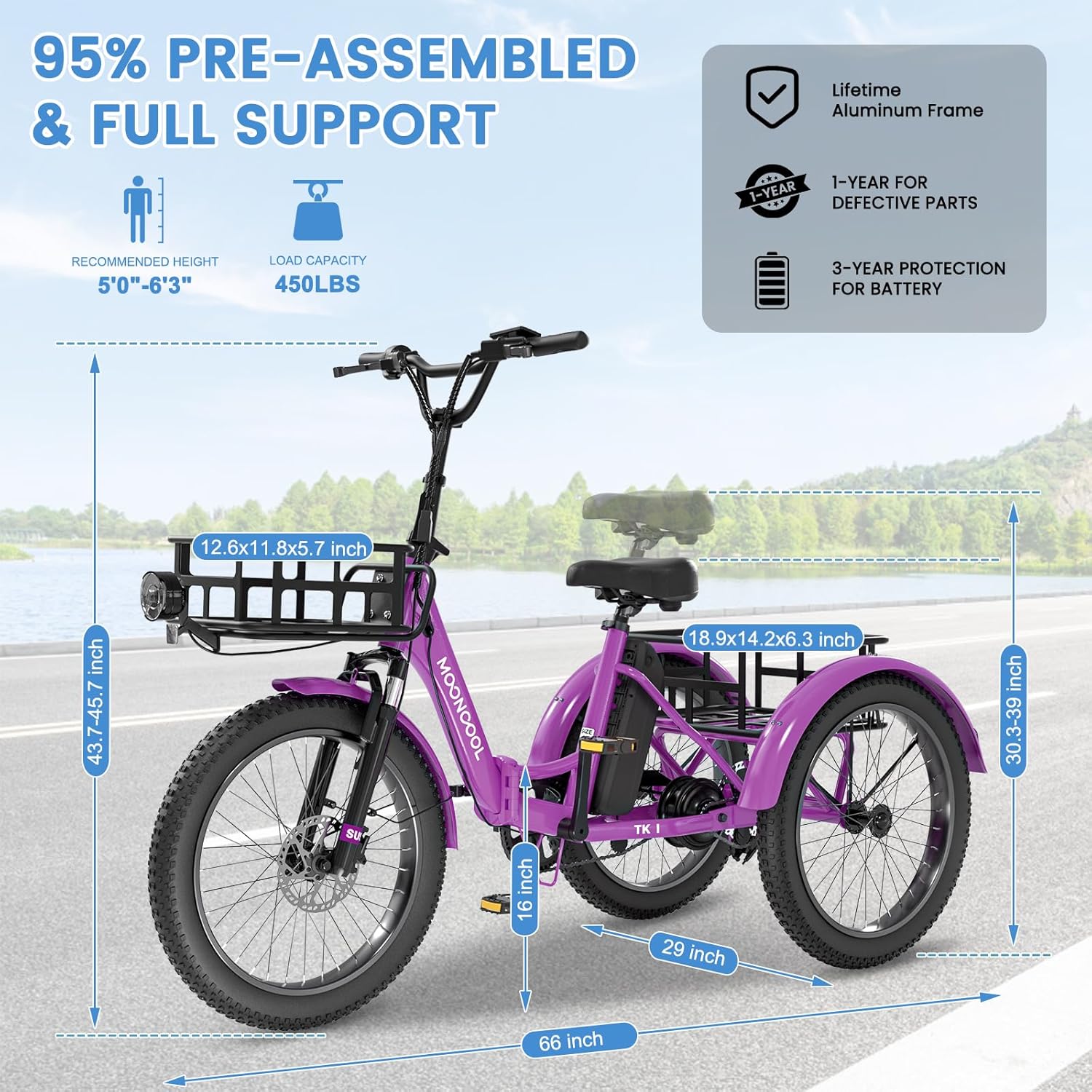 MOONCOOL Electric Trike, Electric Tricycle for Adults, 20" Folding 3 Wheels Electric Bicycle Bikes, 48V 500W/750W Motorized Ebike, Aluminum Frame, Removable Battery Basket
