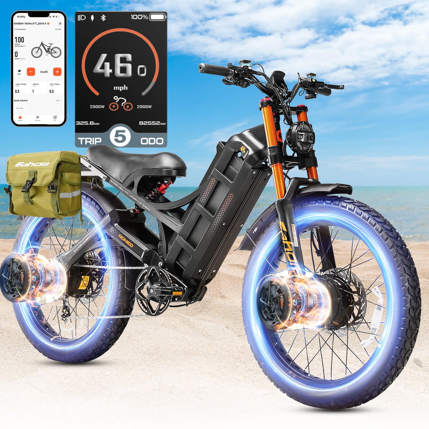 2025 Eahora Romeo Pro 2/Pro 3 46-50Mph Electric Bike for Adults, Peak 5600W/4000W Dual Motor Ebike, 60V 80Ah/52V 70Ah 235 Mile Long Range E Bike, 26*4.0" Fat Tire, Full Suspension, All Terrain, UL2849