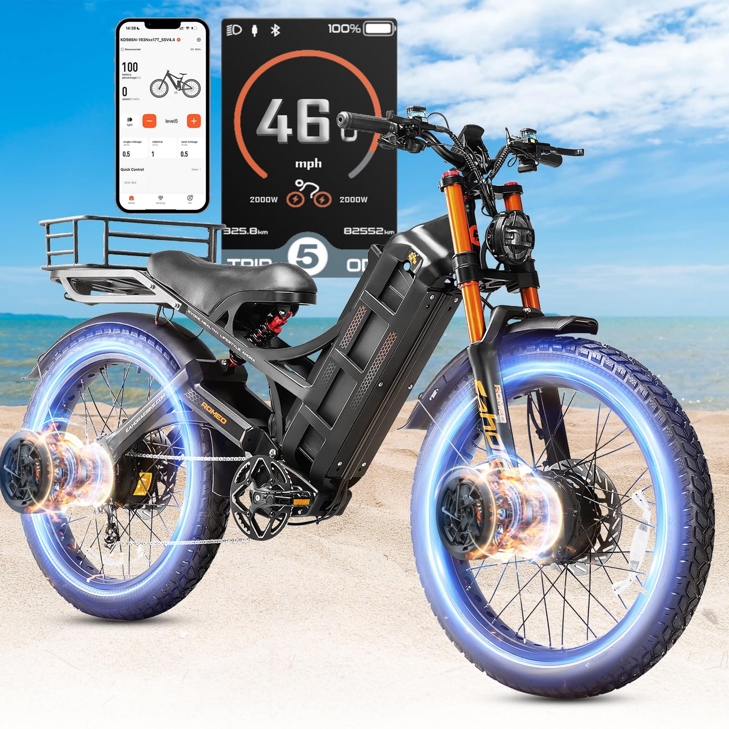 2025 Eahora Romeo Pro 2/Pro 3 46-50Mph Electric Bike for Adults, Peak 5600W/4000W Dual Motor Ebike, 60V 80Ah/52V 70Ah 235 Mile Long Range E Bike, 26*4.0" Fat Tire, Full Suspension, All Terrain, UL2849
