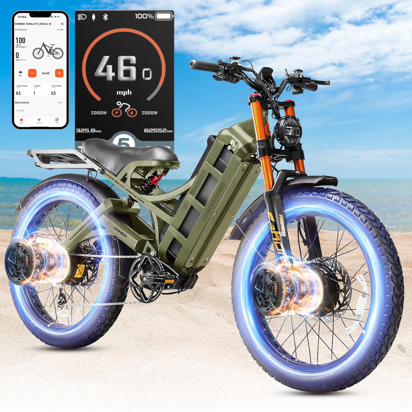 2025 Eahora Romeo Pro 2/Pro 3 46-50Mph Electric Bike for Adults, Peak 5600W/4000W Dual Motor Ebike, 60V 80Ah/52V 70Ah 235 Mile Long Range E Bike, 26*4.0" Fat Tire, Full Suspension, All Terrain, UL2849