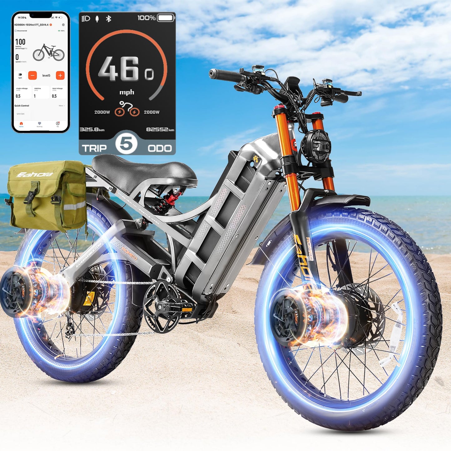 2025 Eahora Romeo Pro 2/Pro 3 46-50Mph Electric Bike for Adults, Peak 5600W/4000W Dual Motor Ebike, 60V 80Ah/52V 70Ah 235 Mile Long Range E Bike, 26*4.0" Fat Tire, Full Suspension, All Terrain, UL2849