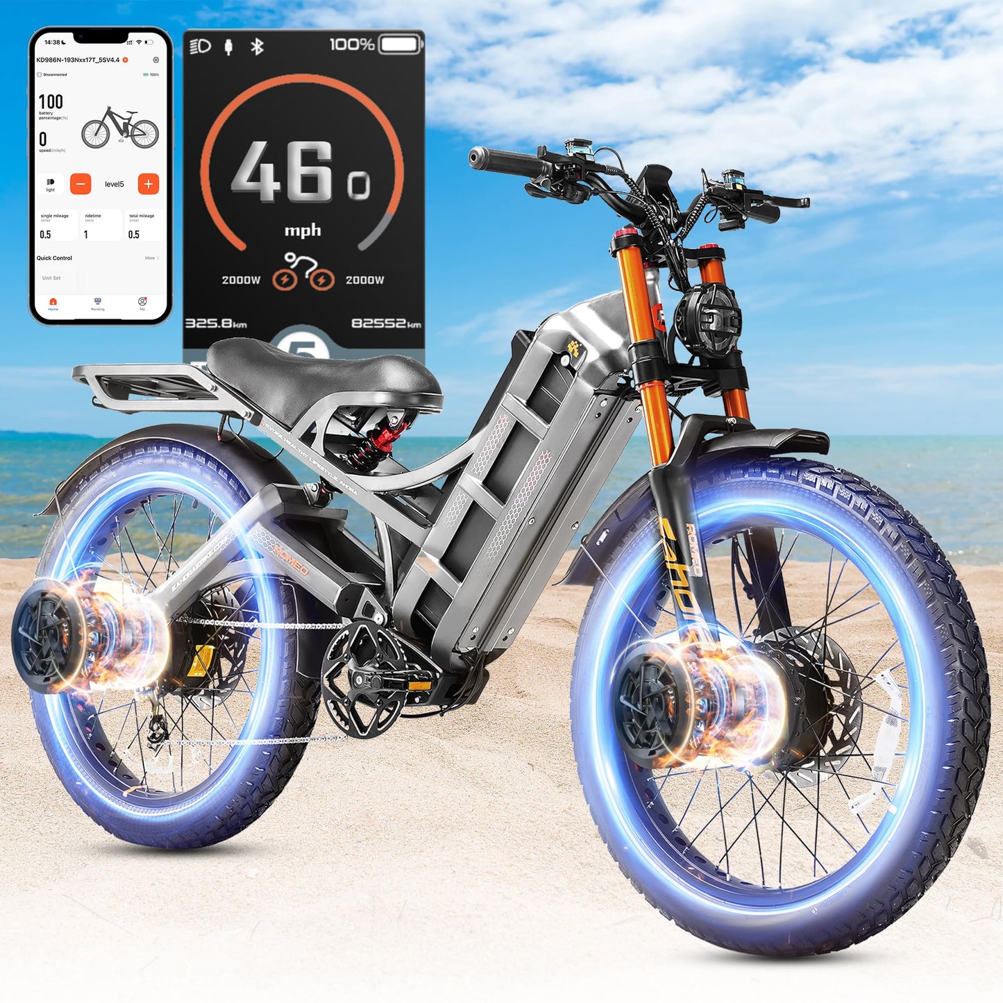 2025 Eahora Romeo Pro 2/Pro 3 46-50Mph Electric Bike for Adults, Peak 5600W/4000W Dual Motor Ebike, 60V 80Ah/52V 70Ah 235 Mile Long Range E Bike, 26*4.0" Fat Tire, Full Suspension, All Terrain, UL2849