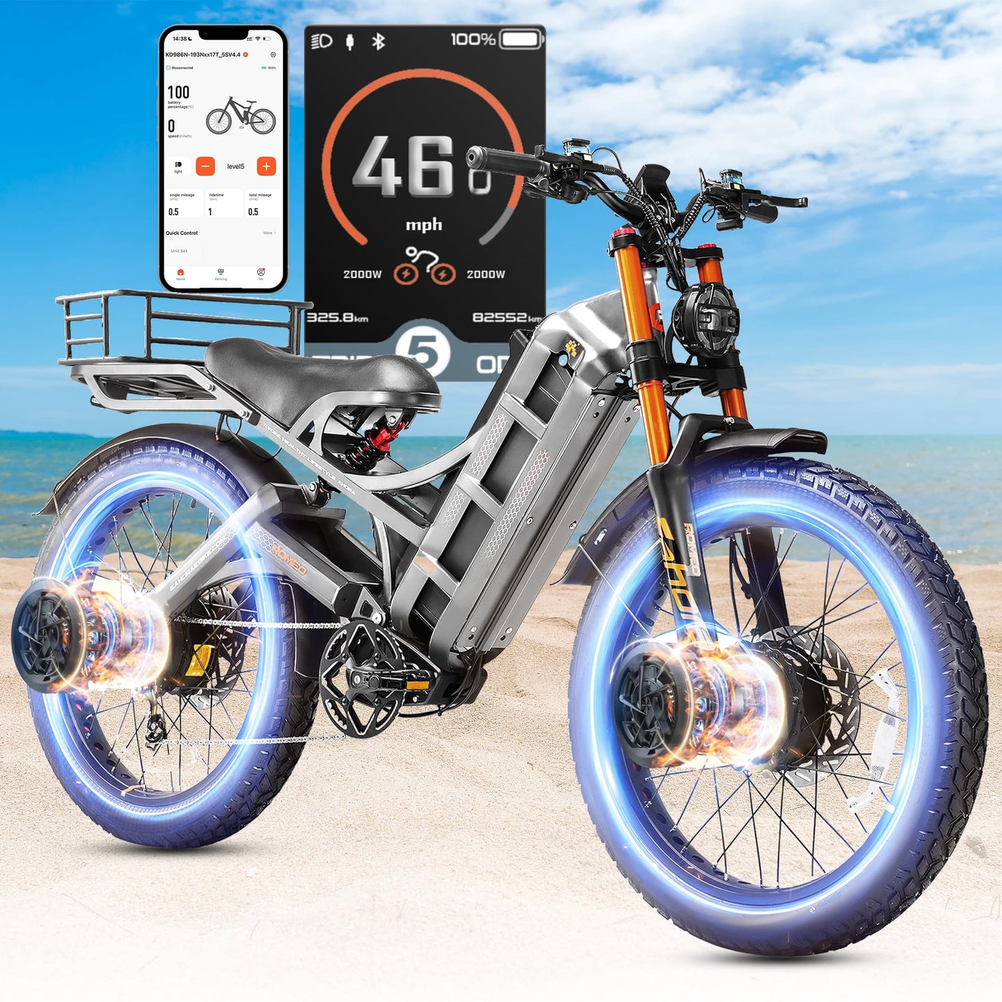 2025 Eahora Romeo Pro 2/Pro 3 46-50Mph Electric Bike for Adults, Peak 5600W/4000W Dual Motor Ebike, 60V 80Ah/52V 70Ah 235 Mile Long Range E Bike, 26*4.0" Fat Tire, Full Suspension, All Terrain, UL2849