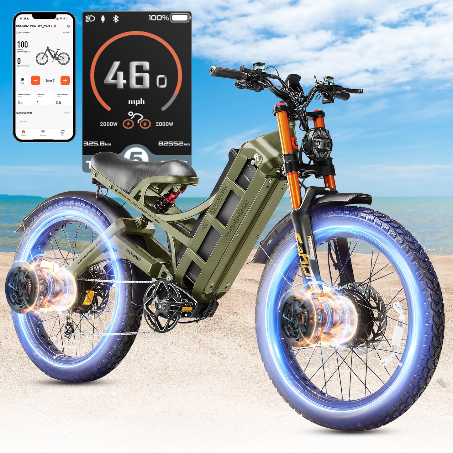 2025 Eahora Romeo Pro 2/Pro 3 46-50Mph Electric Bike for Adults, Peak 5600W/4000W Dual Motor Ebike, 60V 80Ah/52V 70Ah 235 Mile Long Range E Bike, 26*4.0" Fat Tire, Full Suspension, All Terrain, UL2849