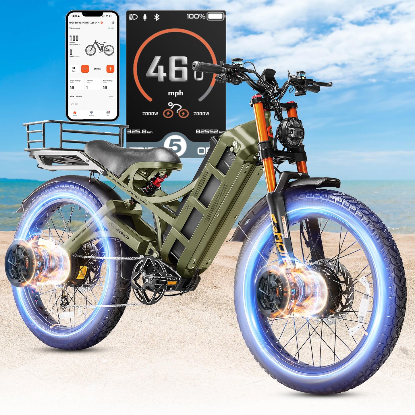2025 Eahora Romeo Pro 2/Pro 3 46-50Mph Electric Bike for Adults, Peak 5600W/4000W Dual Motor Ebike, 60V 80Ah/52V 70Ah 235 Mile Long Range E Bike, 26*4.0" Fat Tire, Full Suspension, All Terrain, UL2849